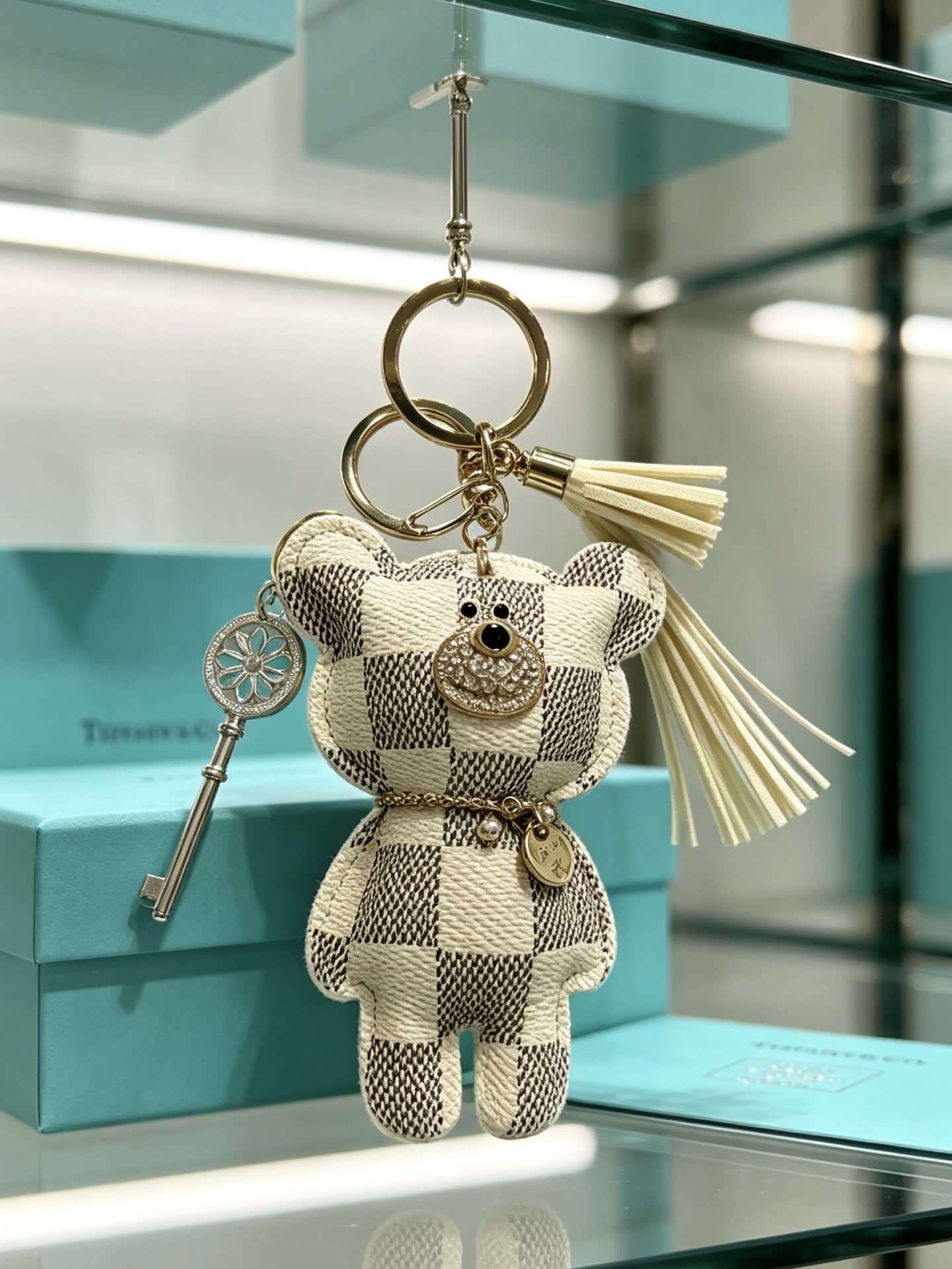 Tiffany & Co. Bear Keychain with Silver Key and Tassel